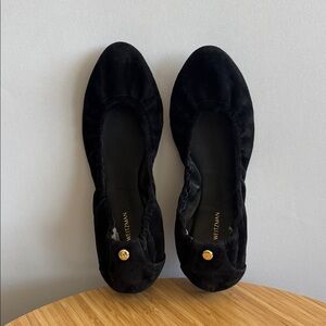 Stuart Weitzman Black Suede Ballet Flats with Gold Button Detail